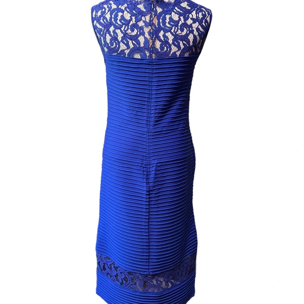 Tadashi Shoji Cobalt Blue Horizontal Pleated Bodycon dress with Lace Bod… - Picture 6 of 8